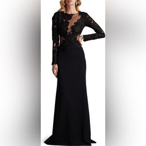 NWT Tadashi Shoji Floral Embroidery Long Sleeve Gown in Black/Nude